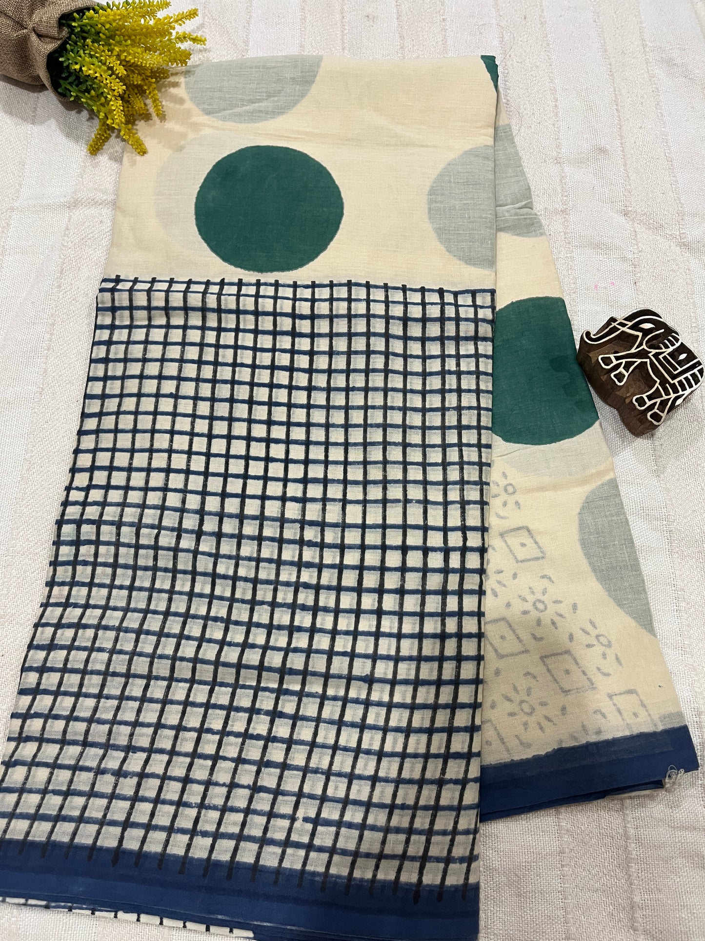 ‘Bindi Tales’ Handblock Mul Cotton Saree - Green on Off-white
