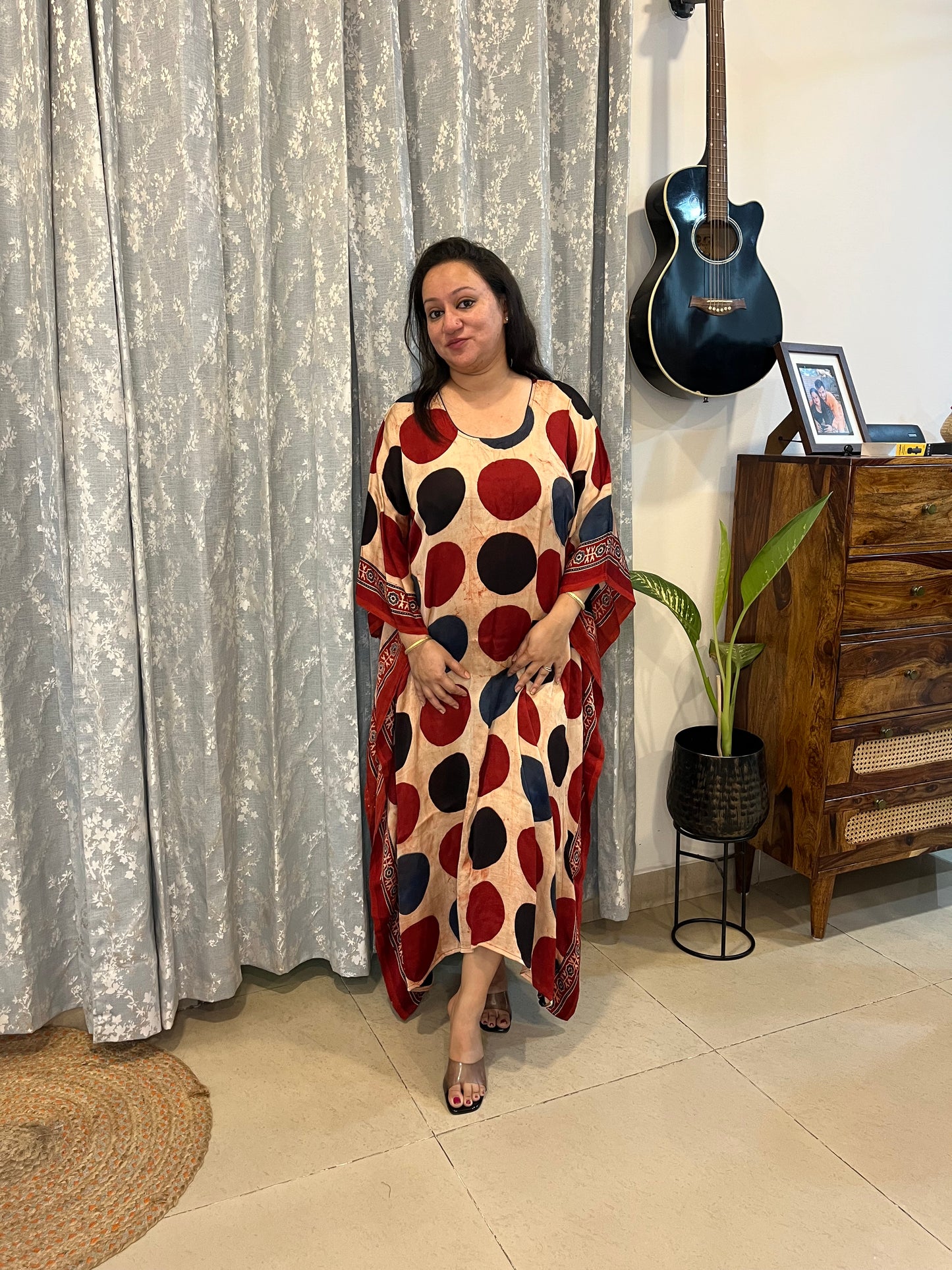 Ajrakh Modal Silk Kaftan - Multi Polka