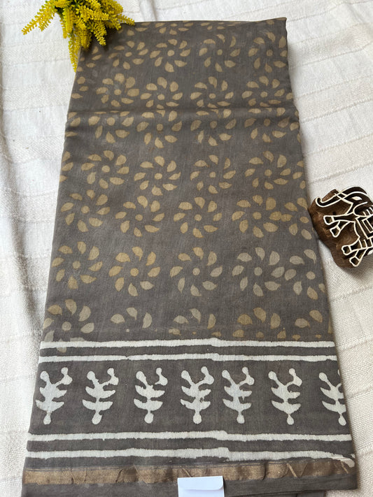 Greyish Brown Dabu Print Chanderi Cotton Silk Saree