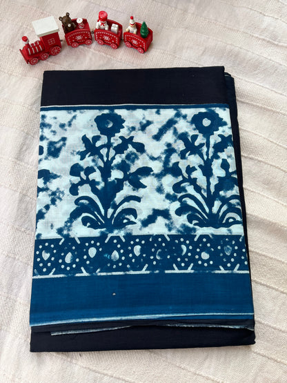 Black-Indigo Printed Mul Cotton Saree