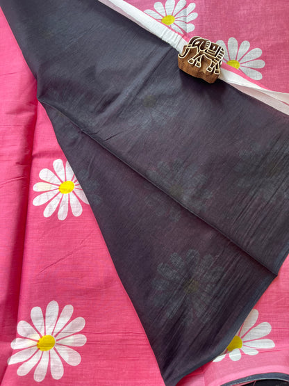 Pink Flower Print Running Mul Cotton Saree