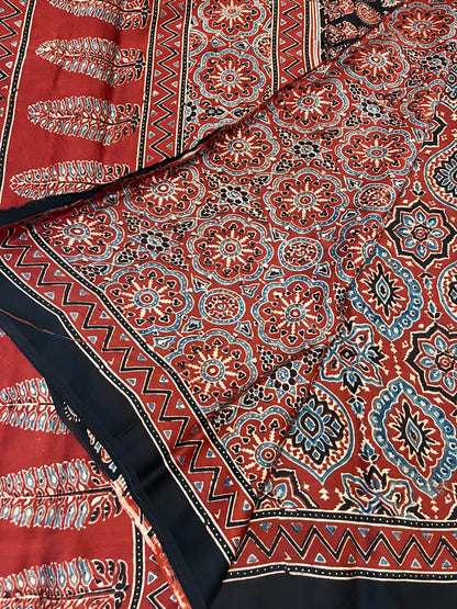 Ajrakh Modal Silk Saree -Red Badam Block