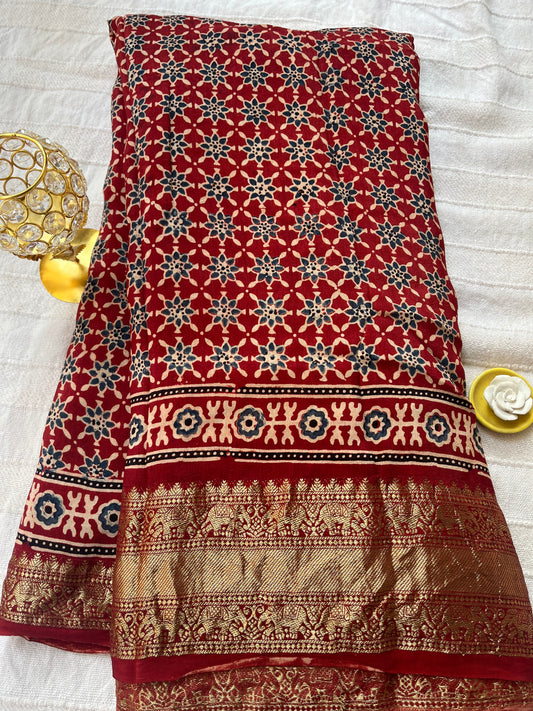 Classic Ajrakh Dola Silk Saree - Red (with tassels)