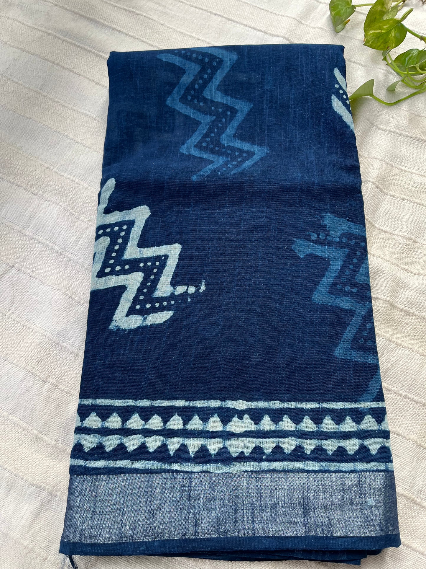 Indigo Handblock Linen Cotton Saree