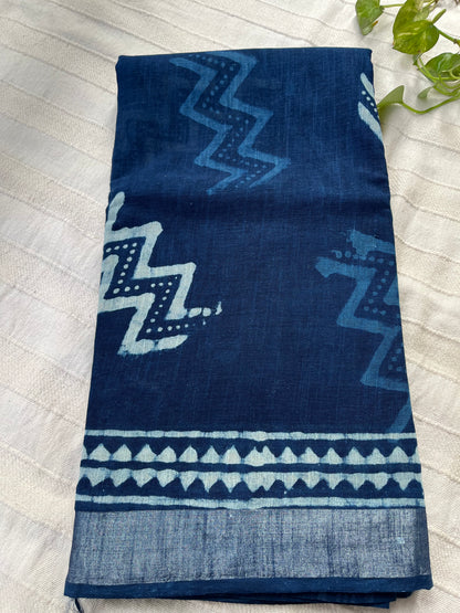 Indigo Handblock Linen Cotton Saree