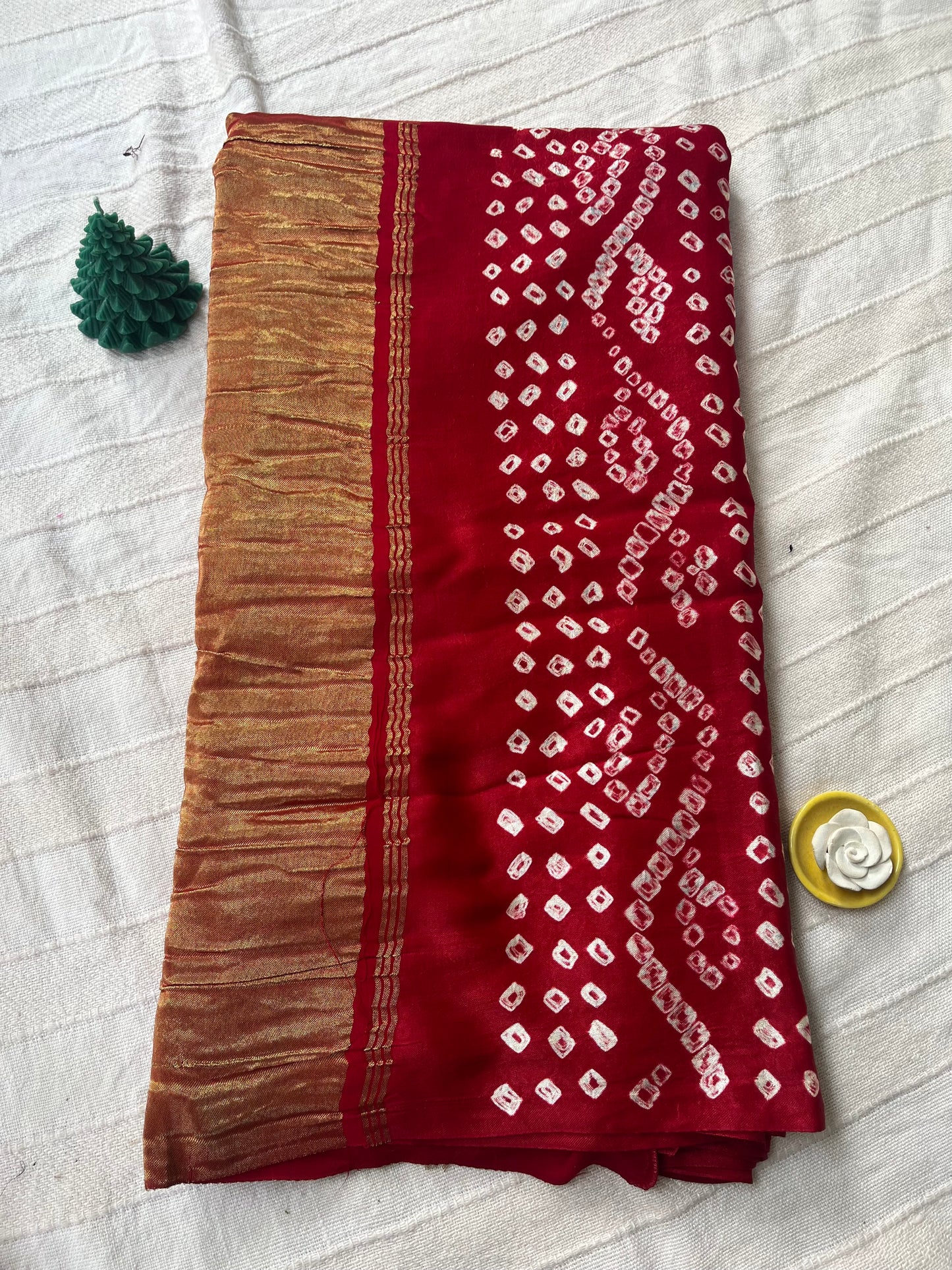 Bandhani Modal Silk saree with Tissue Palla - Red with White Dot Bandhej