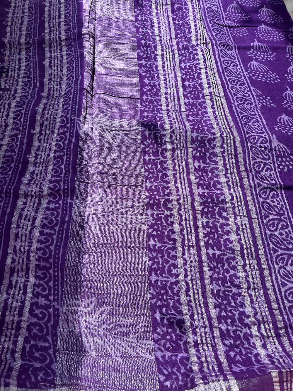 Purple Handblock Linen Cotton Saree