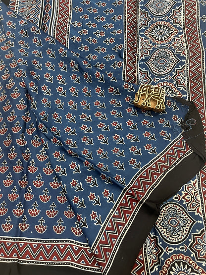 Ajrakh Modal Silk Saree - Indigo Flower Buttis