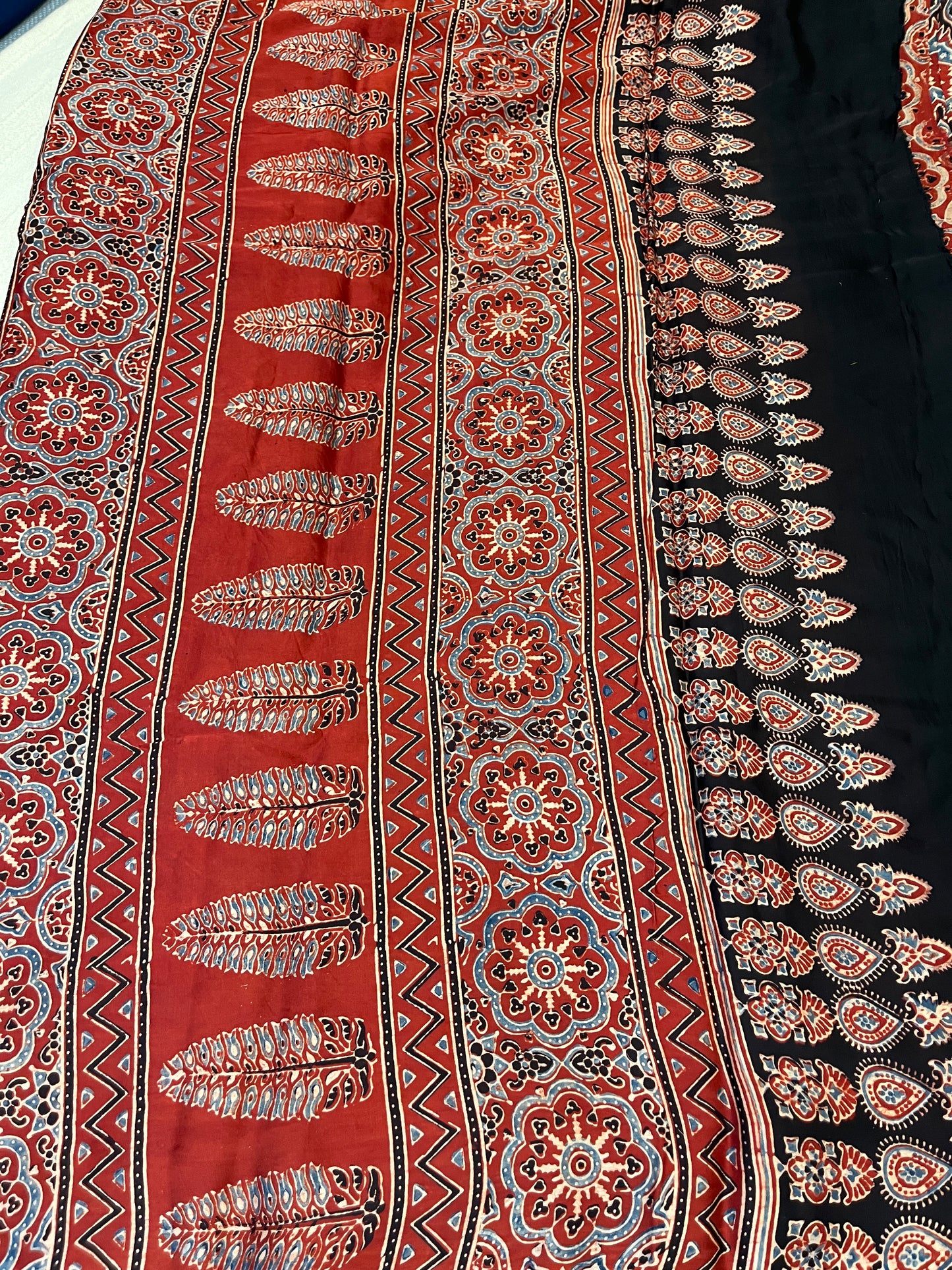 Ajrakh Modal Silk Saree -Red Badam Block