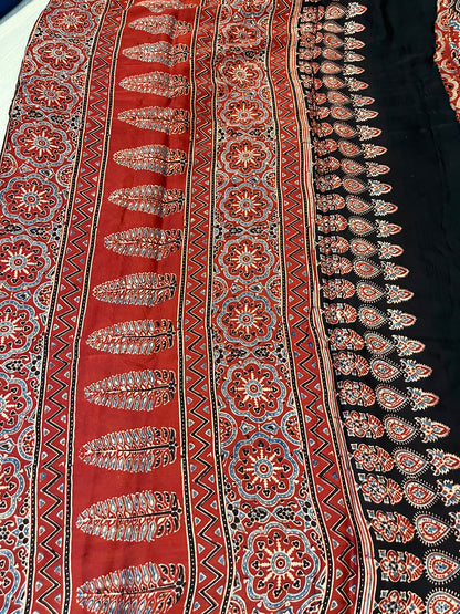 Ajrakh Modal Silk Saree -Red Badam Block