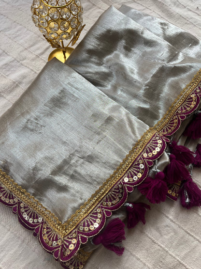 Raga Tissue Saree with Lace and Tassels - Silver & Purple