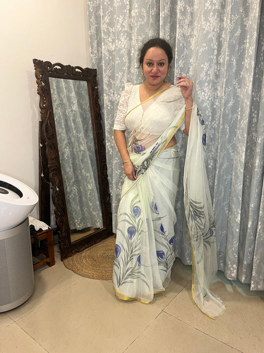 Hand-painted Chiffon Saree - Frost White