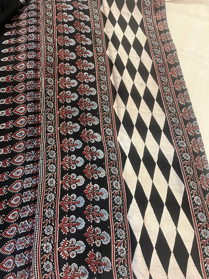 Contemporary Ajrakh Modal Silk Saree - Black Stripes