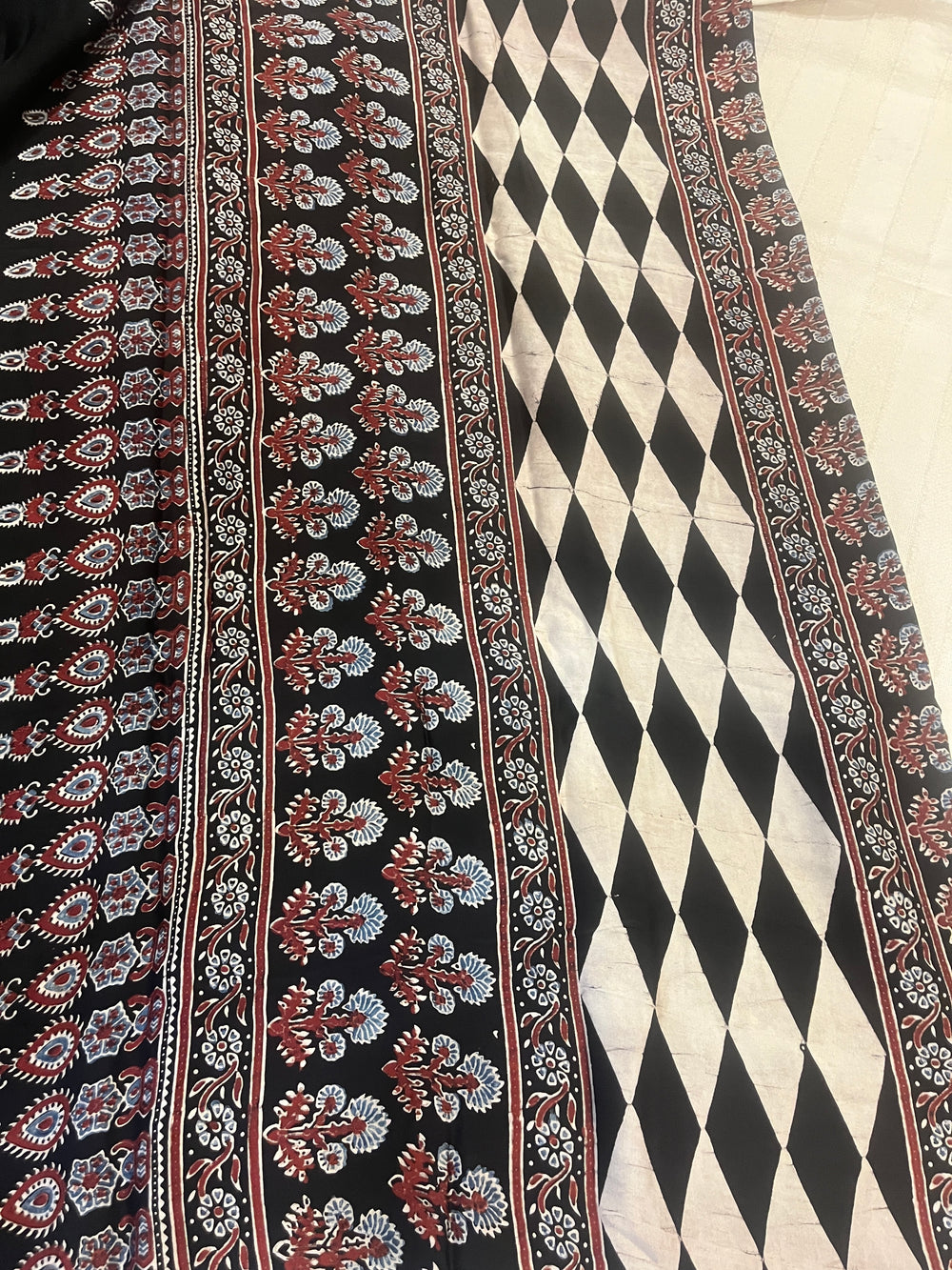 Contemporary Ajrakh Modal Silk Saree - Black Stripes