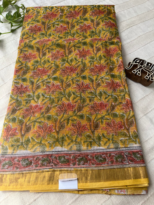 Sanganer Handblock Kota Doria Saree - Yellow