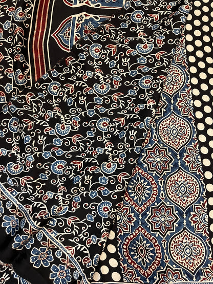 Contemporary Ajrakh Modal Silk Saree - Black