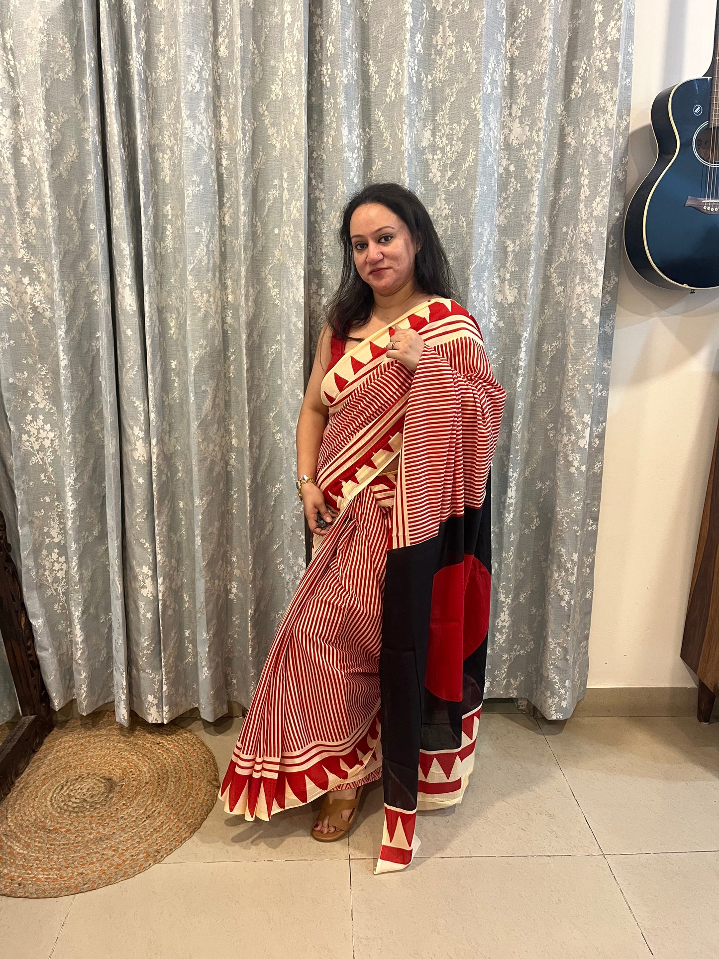 Contemporary Ajrakh Mul Cotton Saree - Red Stripes