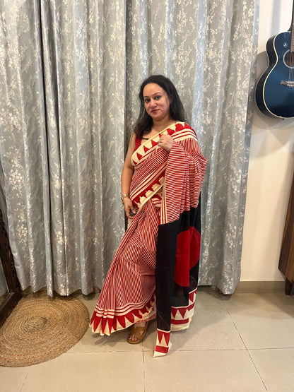 Contemporary Ajrakh Mul Cotton Saree - Red Stripes