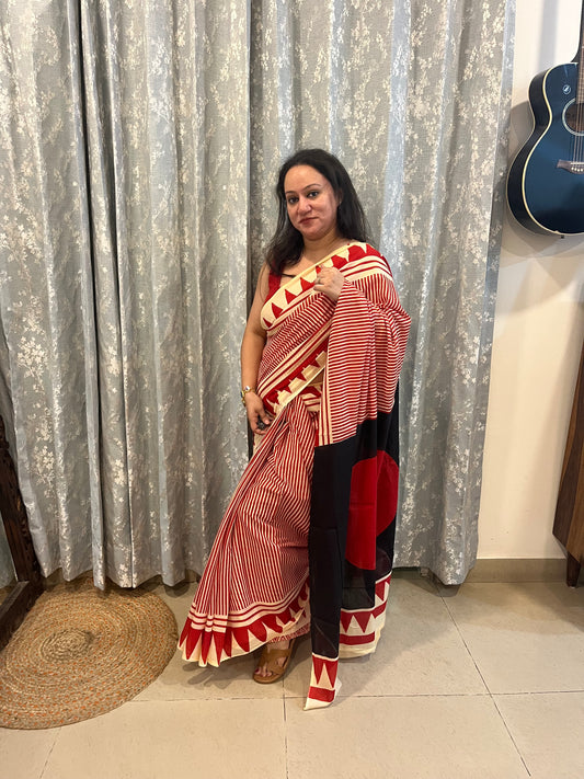 Contemporary Ajrakh Mul Cotton Saree - Red Stripes