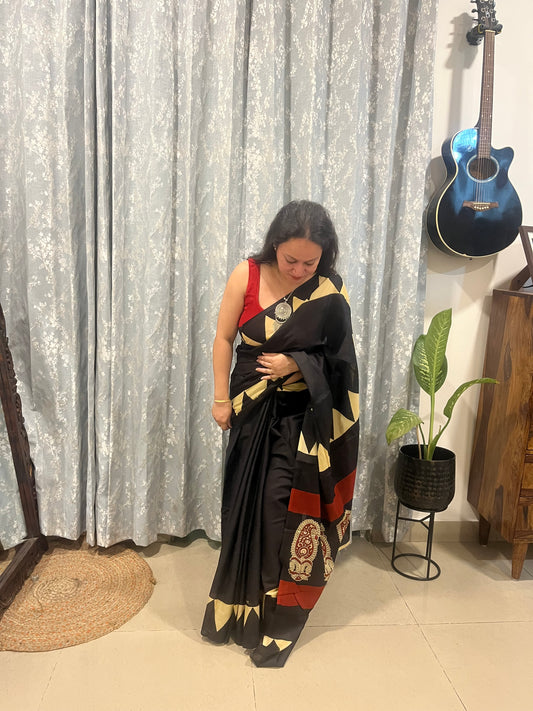 Contemporary Ajrakh Mul Cotton Saree - Black with Temple Border