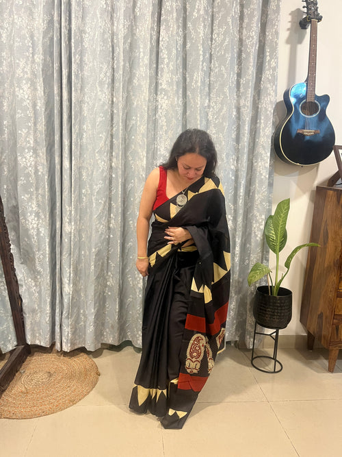 Contemporary Ajrakh Mul Cotton Saree - Black with Temple Border