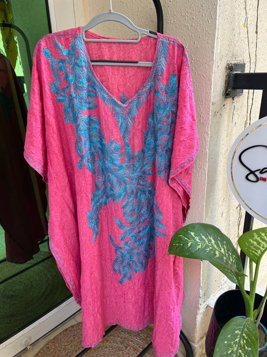 Crush Cotton Aariwork Kaftan - Pink