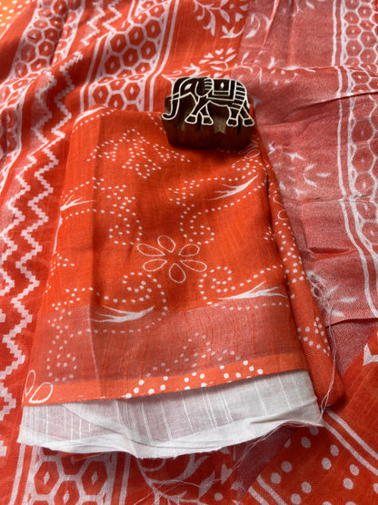 Handblock Linen Cotton Saree - Orange