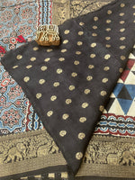 Ajrakh Dola Silk Saree - Black Geometric Pattern (with tassels)