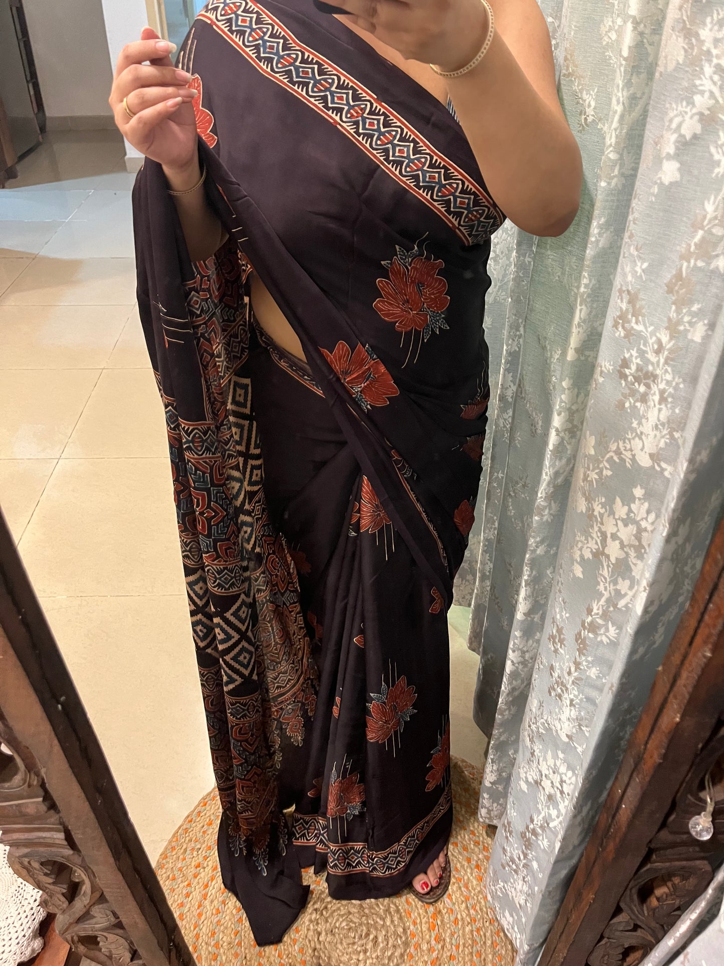 Ajrakh Modal Silk Saree - Coffee Brown