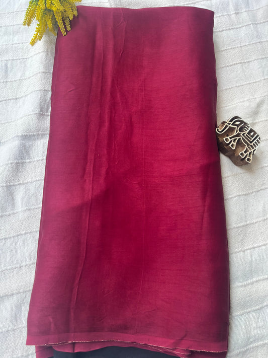 Plain with Ajrakh Handblock Palla Modal Silk Saree - Maroon