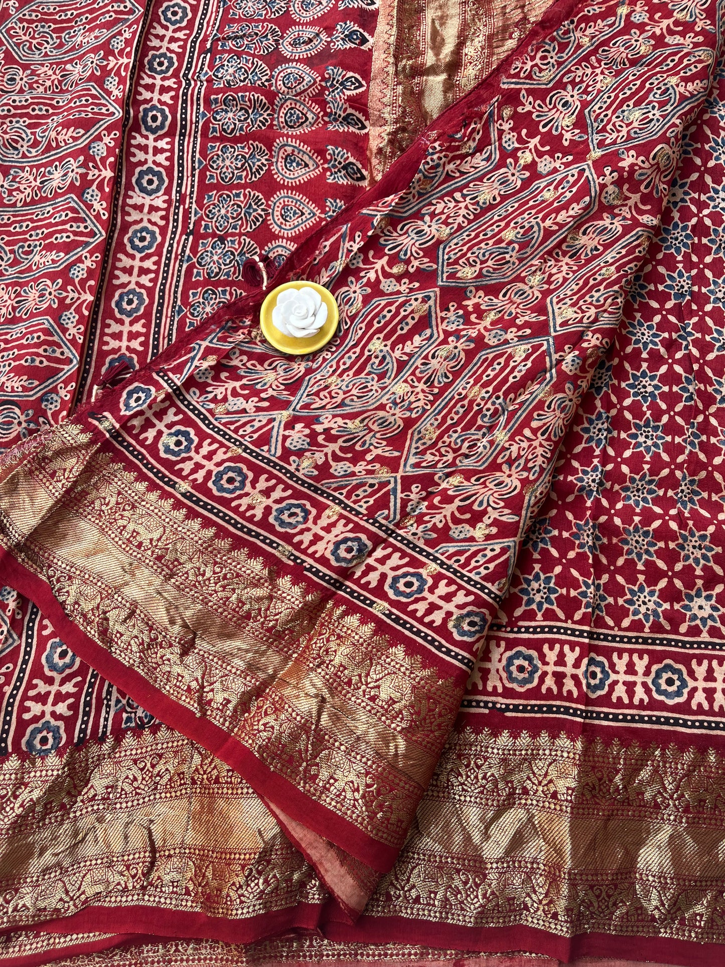 Classic Ajrakh Dola Silk Saree - Red (with tassels)