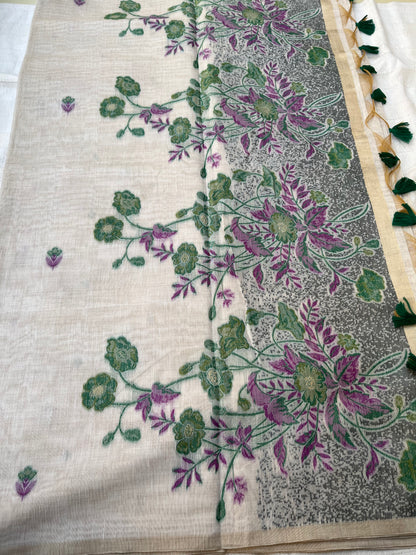 Chanderi Cotton Jamdani Saree - Ivory Flower Weaving