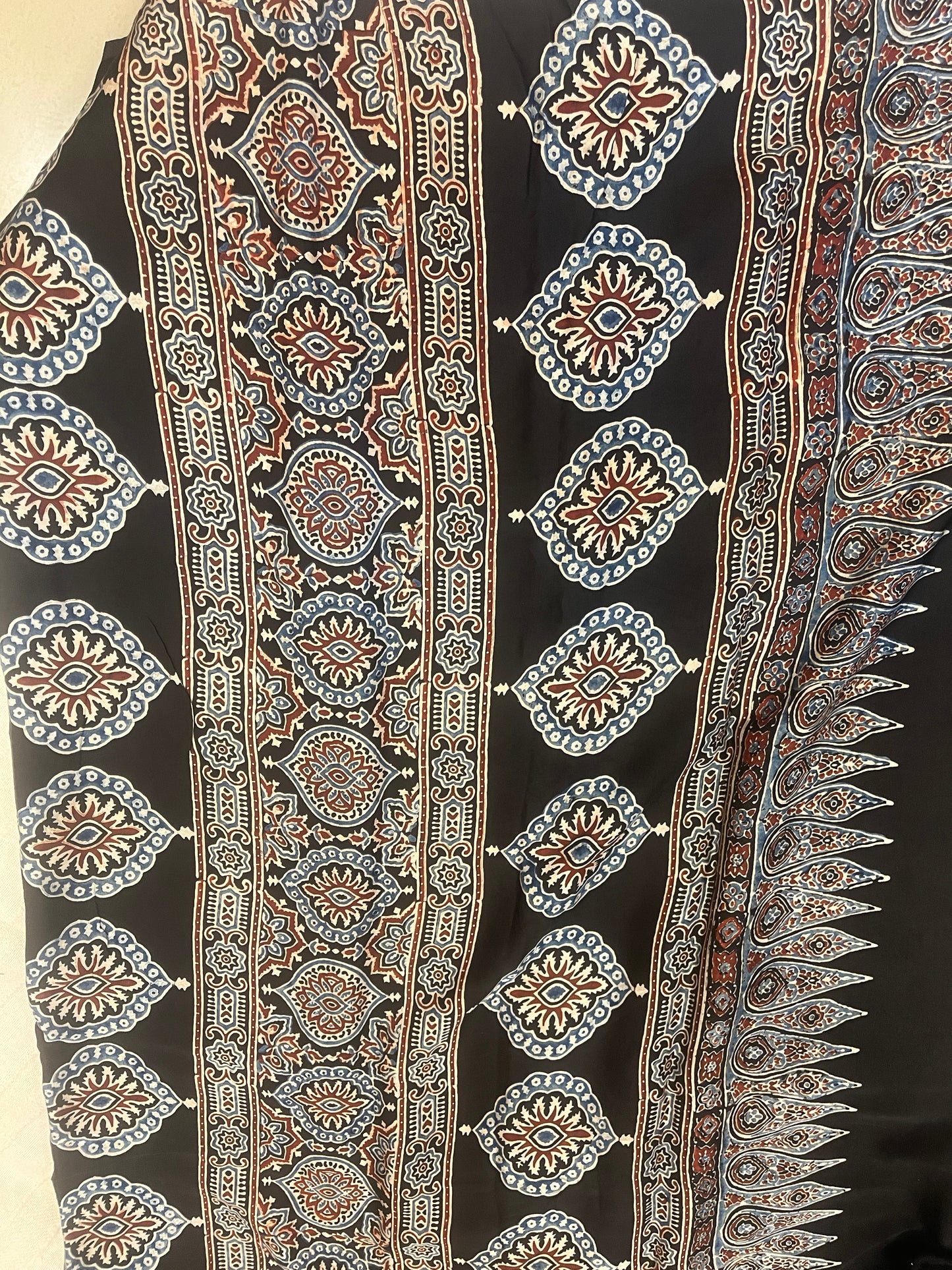 Ajrakh Modal Silk Saree - Black Lotus Motifs