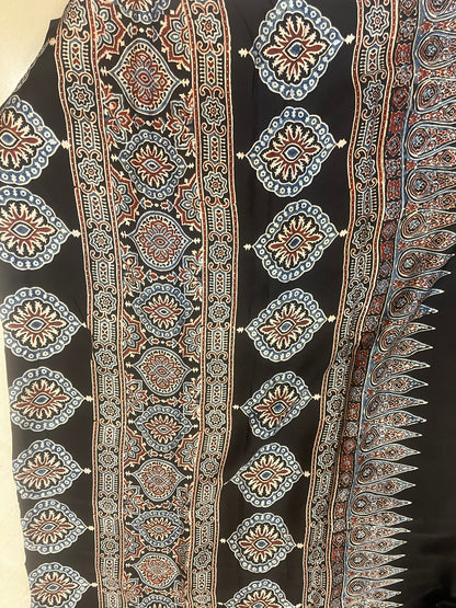 Ajrakh Modal Silk Saree - Black Lotus Motifs