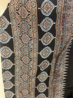 Ajrakh Modal Silk Saree - Black Lotus Motifs