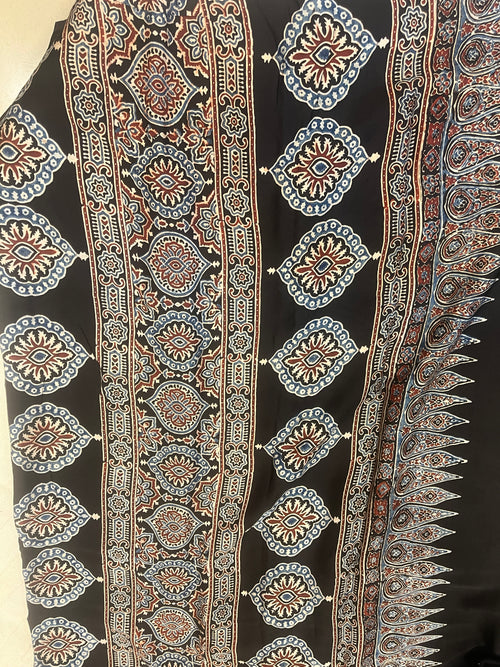 Ajrakh Modal Silk Saree - Black Lotus Motifs