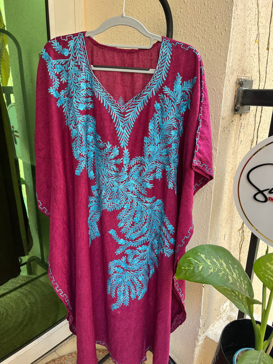 Crush Cotton Aariwork Kaftan - Magenta