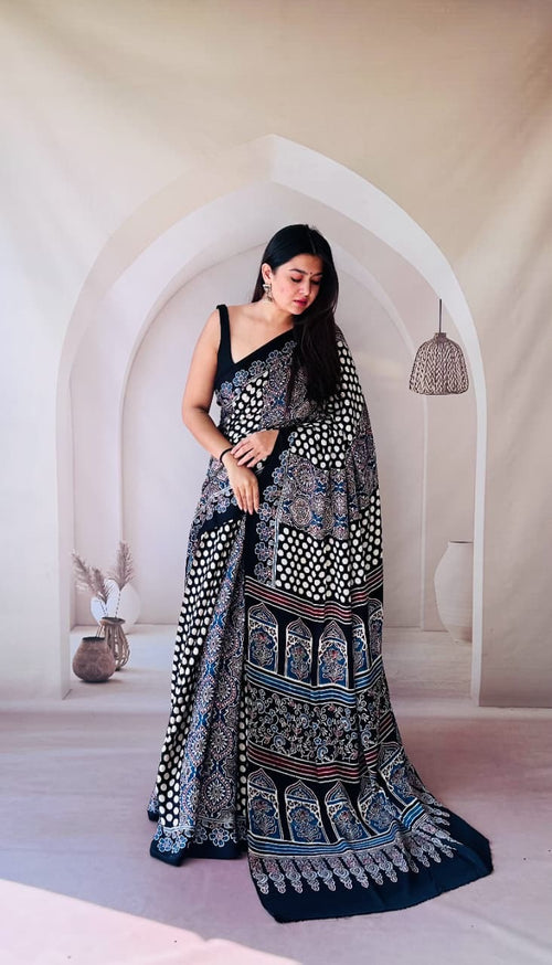 Contemporary Ajrakh Modal Silk Saree - Black