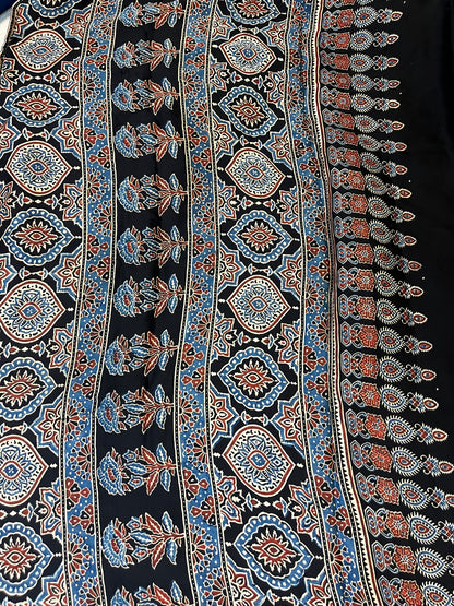 Classic Ajrakh Modal Silk Saree - Indigo-Black