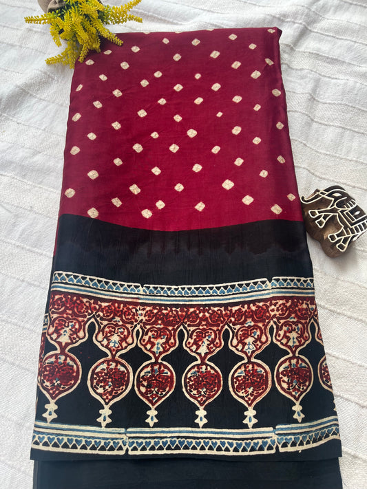 Bandhani with Handblock Modal Silk Saree - Maroon