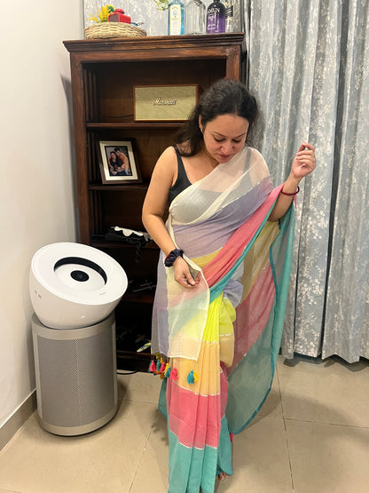 Multicolour Broad Zari Stripes Mul Cotton Saree (No Blouse piece)