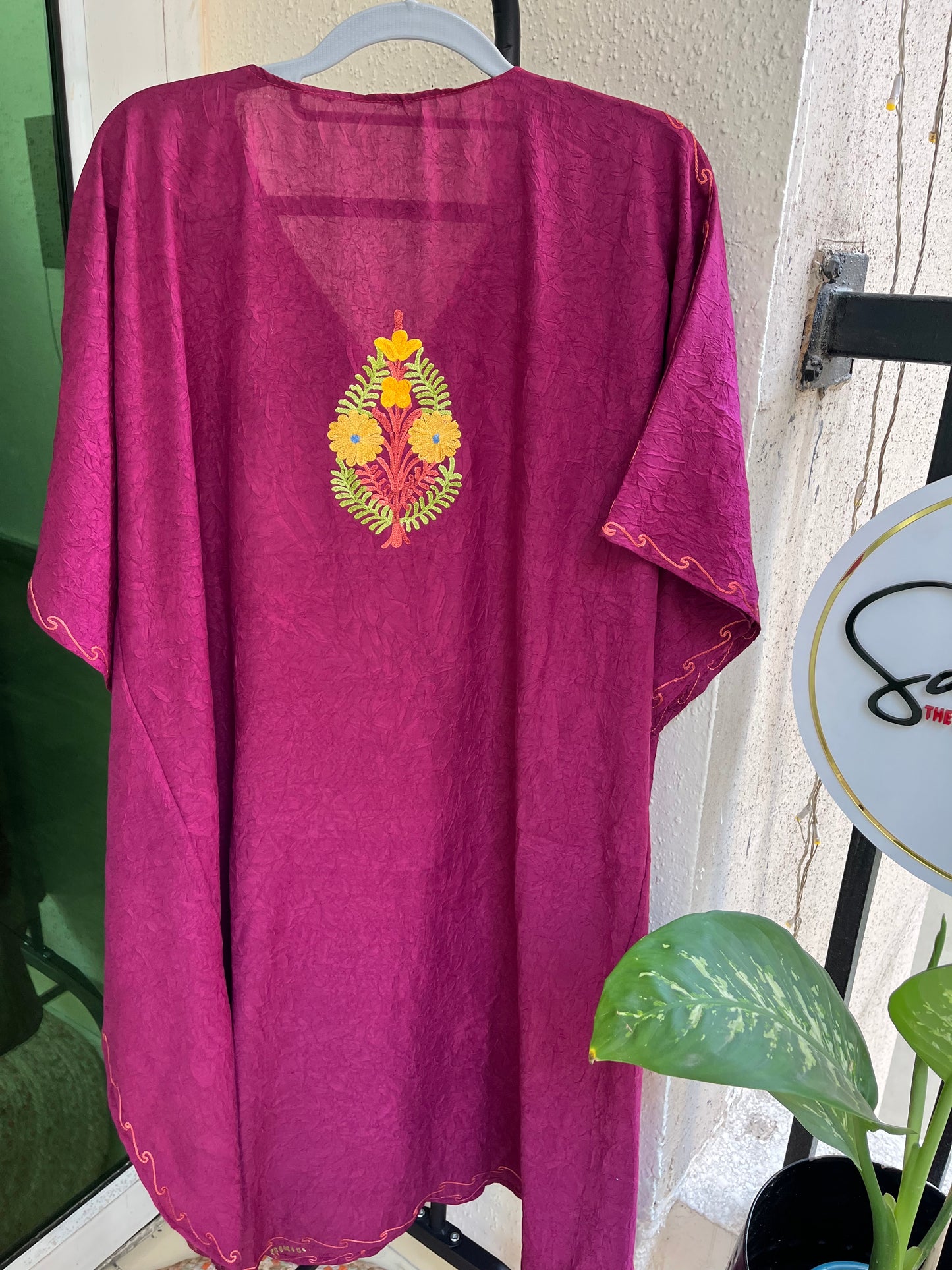 Crush Cotton Aariwork Kaftan - Wine Color