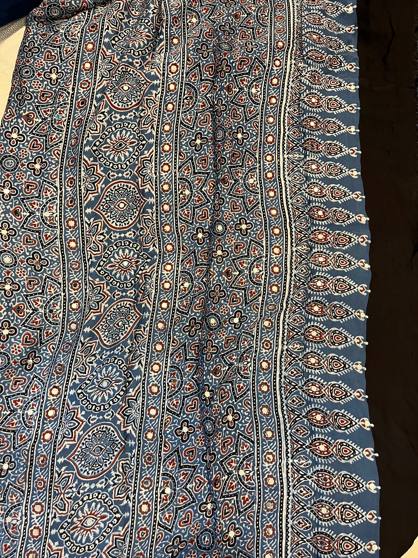 Ajrakh Modal Silk Saree with Mirror Work - Indigo Leaves Motifs