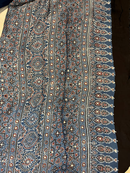 Ajrakh Modal Silk Saree with Mirror Work - Indigo Leaves Motifs