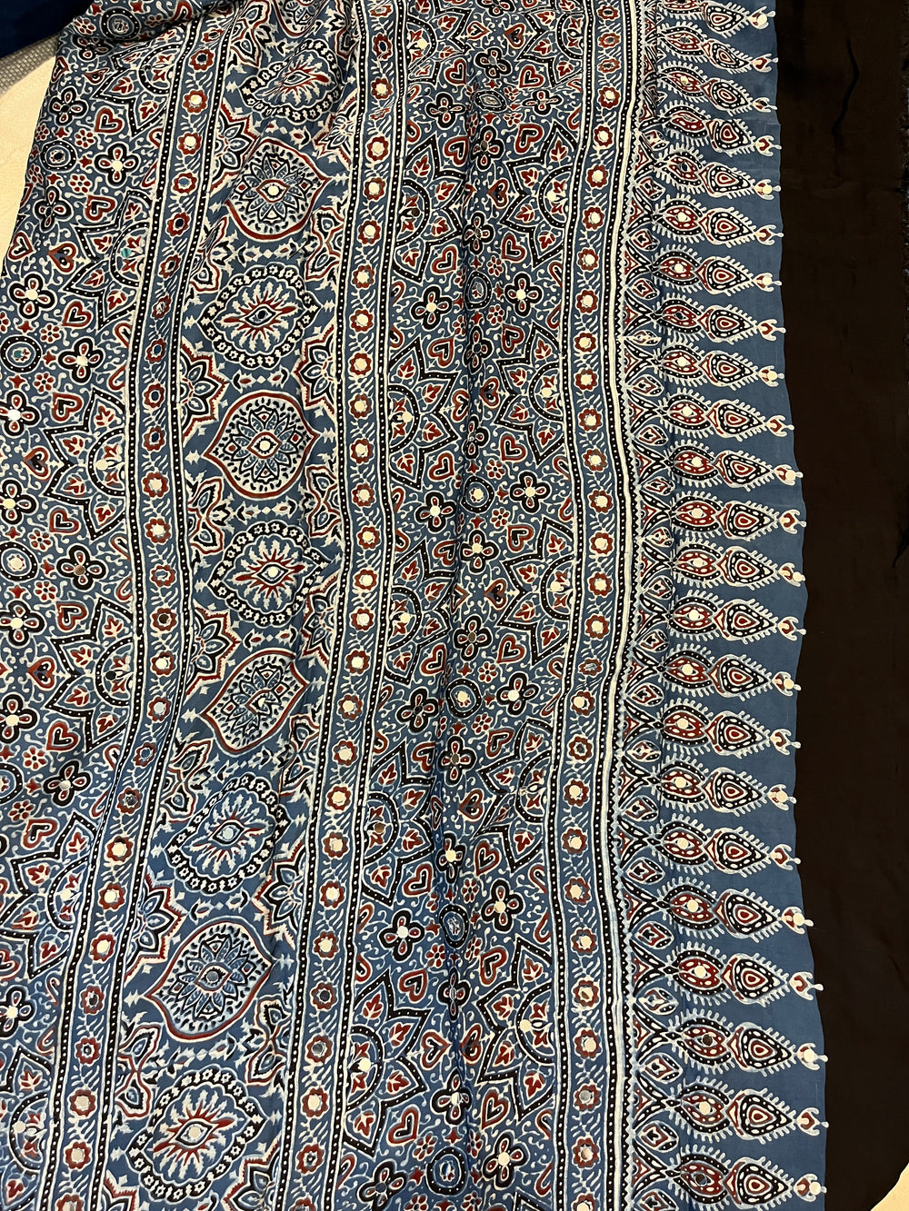 Ajrakh Modal Silk Saree with Mirror Work - Indigo Leaves Motifs