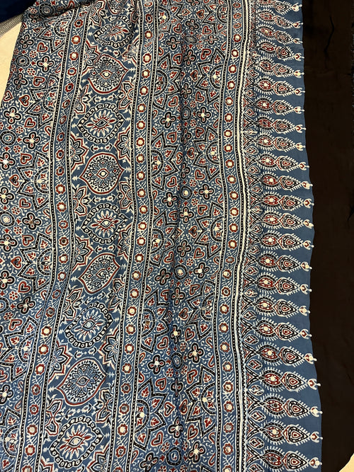 Ajrakh Modal Silk Saree with Mirror Work - Indigo Leaves Motifs