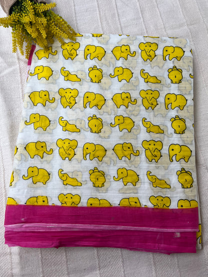 Yellow Elephant Print Quirky Mul Cotton Saree