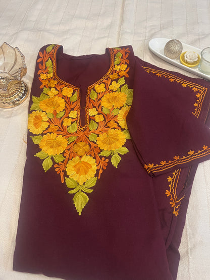 Kashmiri Aari Work Pheran - Wine