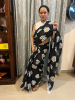 Black Flower Print Running Mul Cotton Saree