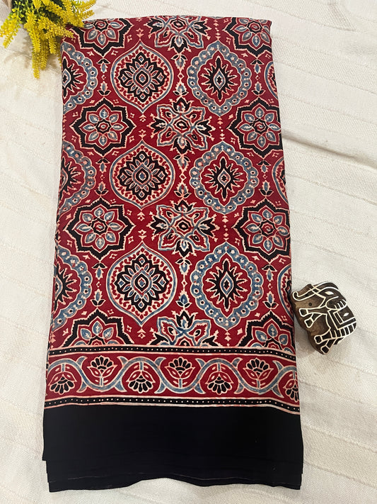 Ajrakh Modal Silk Saree -Red Badam Block